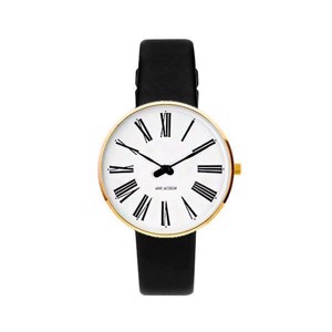 Arne Jacobsen ur - Roman -  Ø34 mm - Forgyldt & Sort læderrem